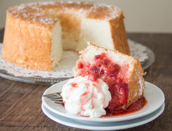 This fluffy, airy angel food cake with strawberry sauce is perfect when you're craving a light dessert.