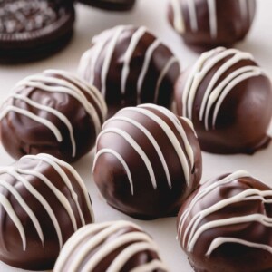 Dark chocolate oreo balls with white chocolate drizzle.