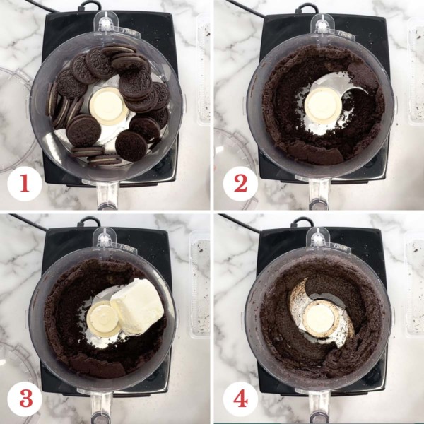 Step by step photo collage of making oreo balls.