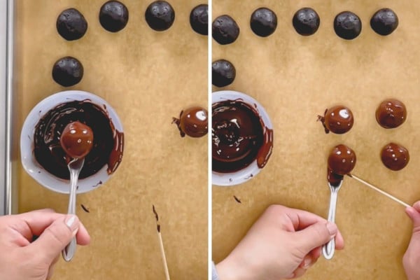 Dipping oreo balls in chocolate.