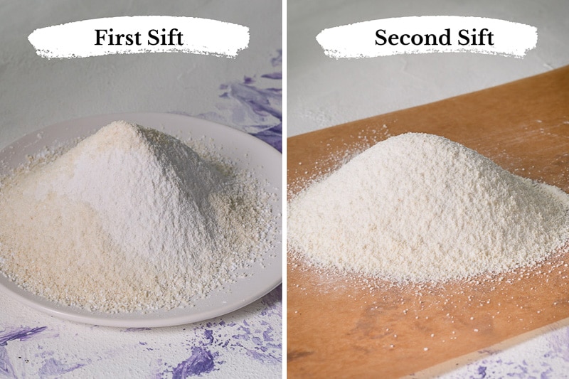 Side by side images of sifted dry ingredients.