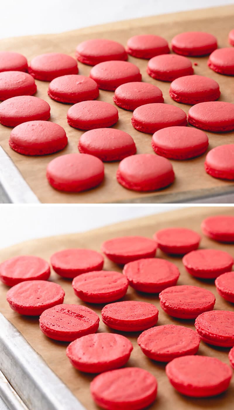 2 images of baked macaron shells on a baking sheet.