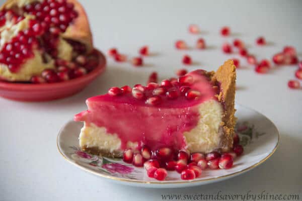 Creamy, smooth cheesecake with not too sweet, yet delicious pomegranate sauce.