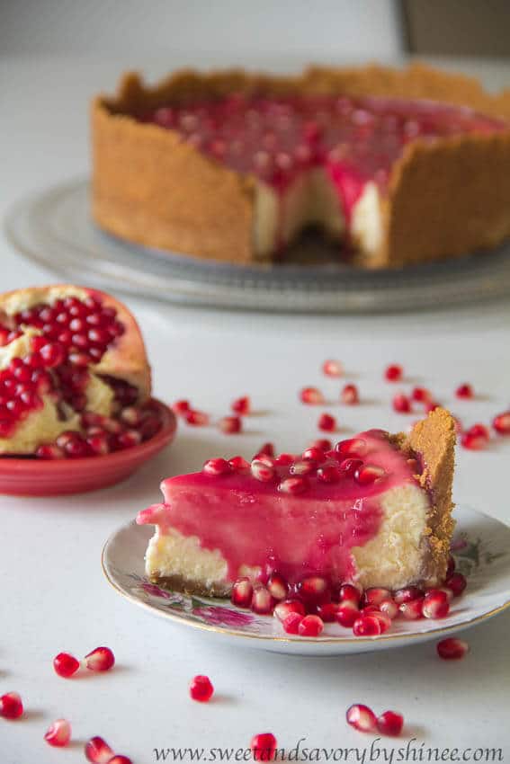 Creamy, smooth cheesecake with not too sweet, yet delicious pomegranate sauce.
