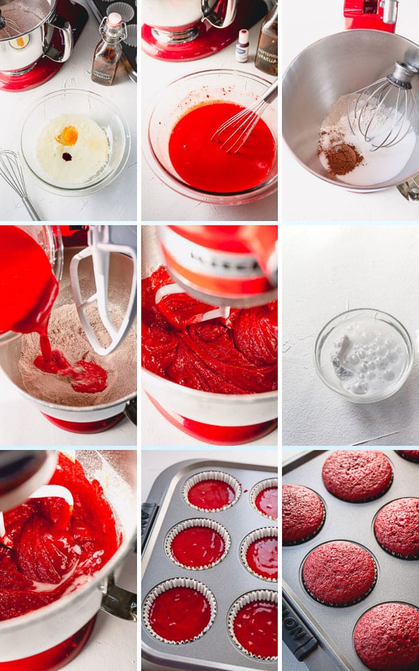 Step by step photo collage of making red velvet cupcakes.