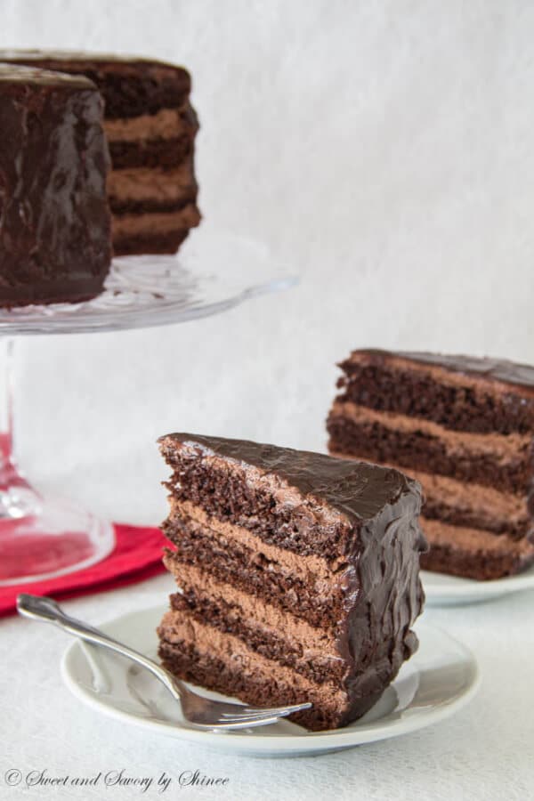 For serious chocolate lovers! This decadent chocolate cake with chocolate mousse filling is THE thing to satisfy your chocolate craving!