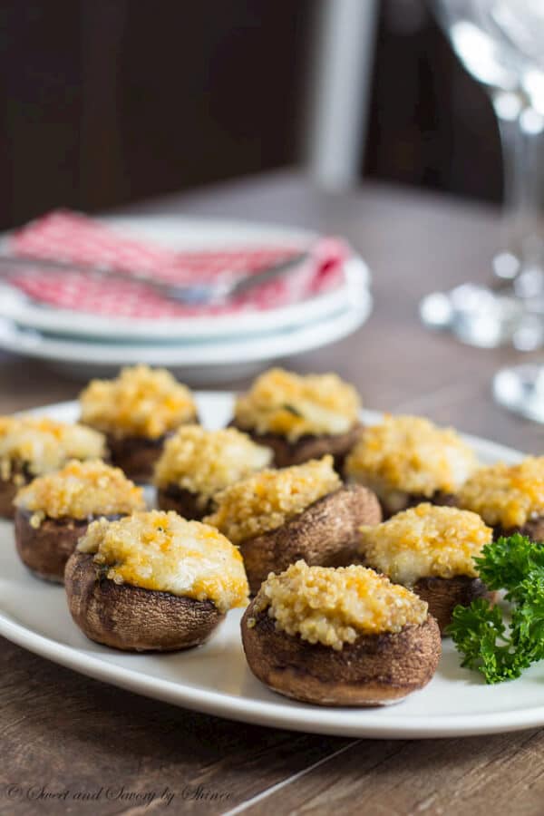 These easy, cheesy, healthy stuffed mushrooms can be made ahead in preparation for a big gathering. Crunchy on the outside and juicy on the inside, these are sure crowd-pleaser!!