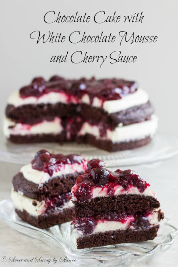 Rich chocolate cake filled with delicate white chocolate mousse and cherry sauce is ultimate chocolate heaven!