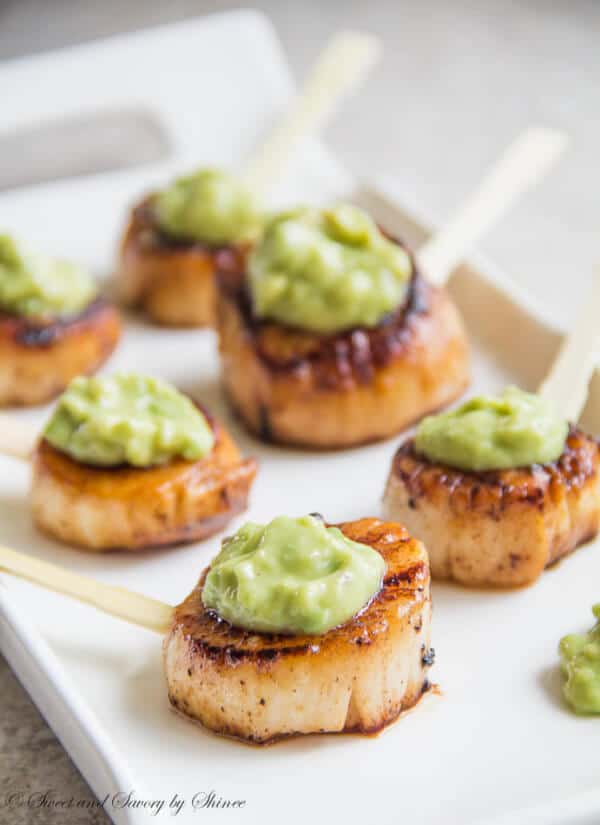 Velvety smooth scallops with beautifully caramelized crust and topped with honey dijon avocado sauce are simple, yet elegant appetizer.
