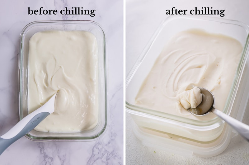 White chocolate cream cheese frosting before and after chilling. It's slightly runny, but it gets thick and spreadable after chilling.