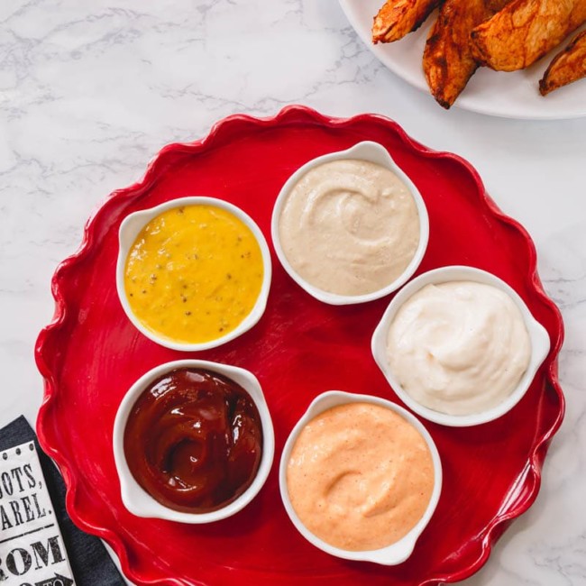 5 easy and delicious dipping sauce recipes for every palate! Incredibly versatile, these easy sauces pair with pretty much anything dippable: steak fries, chicken nuggets, you name it!