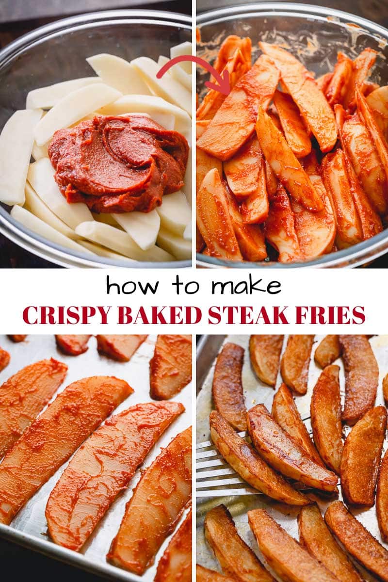 These baked steak fries are outrageously delicious! Super crispy on the outside and thick and fluffy on the inside. The secret mixture ensures these baked fries come out ultra-crispy every time! #steakfries #bakedfries
