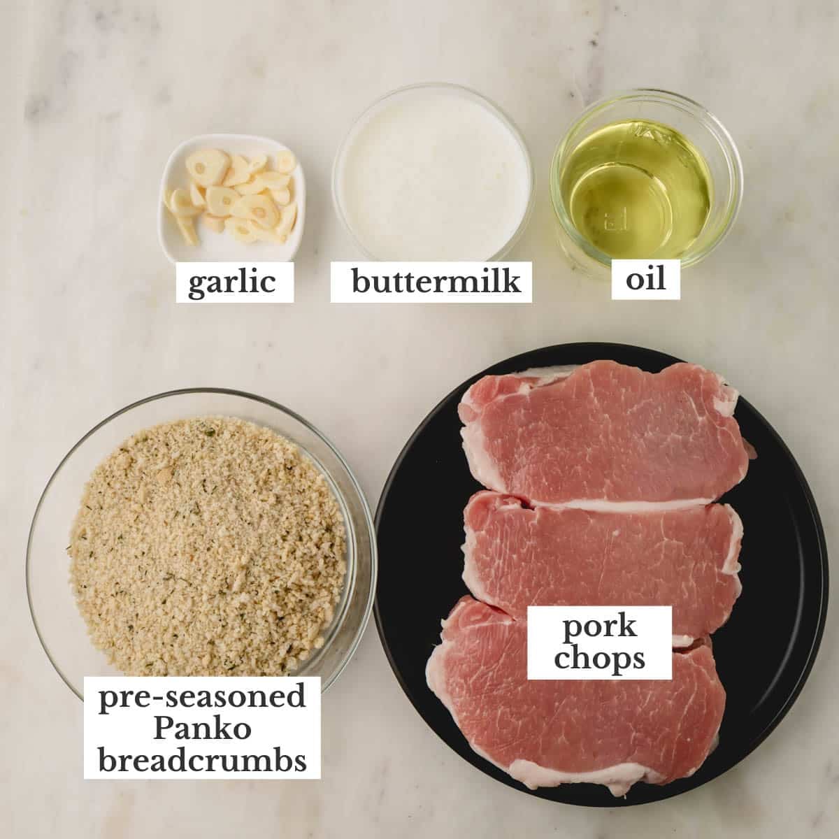 Pork chops, oil, buttermilk, garlic, and breadcrumbs to make pork strips.