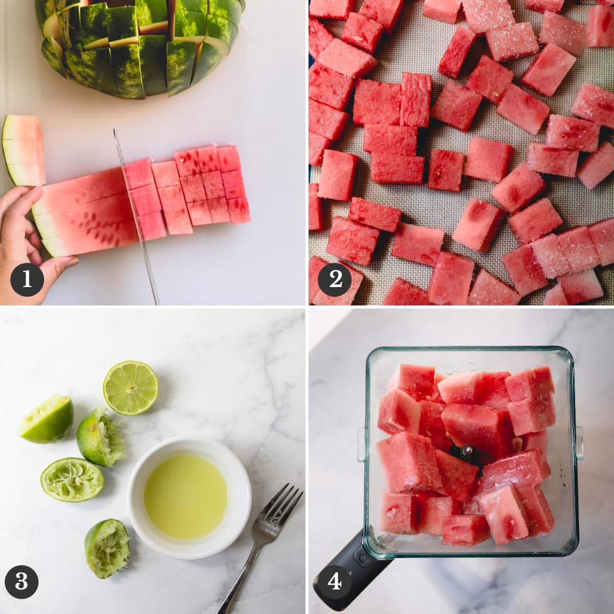 Step by step photos of making a frozen watermelon daiquiri.