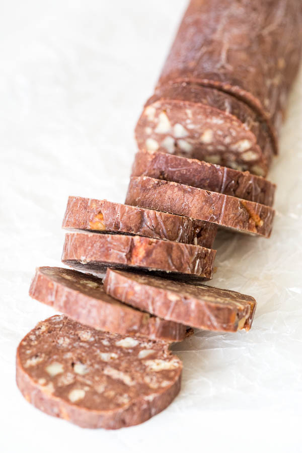 Insanely easy recipe for chocolate salami. No, no actual salami here. These are buttery soft, no-bake chocolate cookies, that just looks like salami.