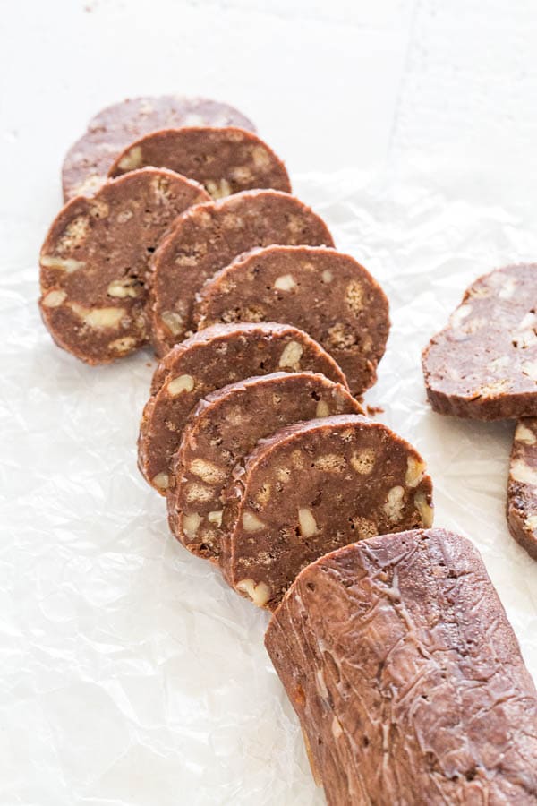 Chocolate Salami! No, there's no actual salami involved here. You're looking at buttery soft, sweet, no-bake chocolate cookies, that just looks like salami.