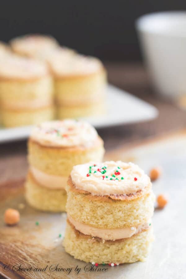 These salted caramel mini layer cakes are moist, flavorful and super cute. Fun holiday dessert!