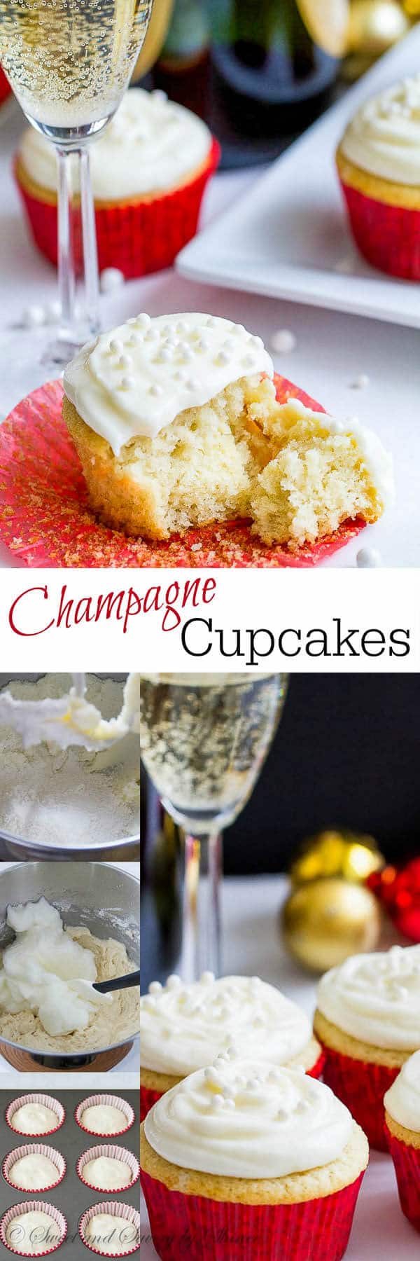 Fluffy white cupcakes with champagne and frosted with tangy champagne buttercream are elegant and delicious treat for New Year’s Eve or for any occasion.