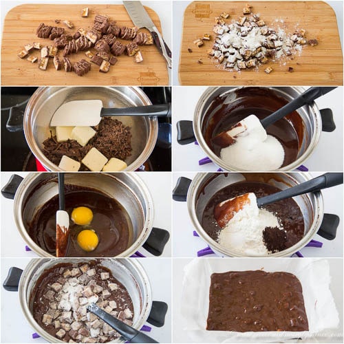 step by step images of making snickers brownies.