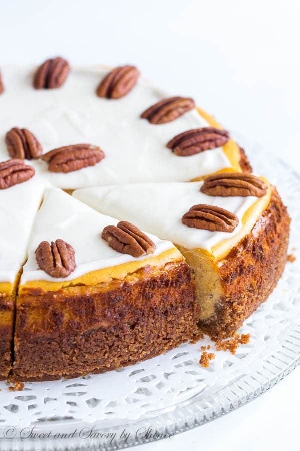 Scrumptiously creamy and rich, this carrot cheesecake is baked on nutty crust and frosted with tangy sweet frosting. You need this cheesecake in your life.