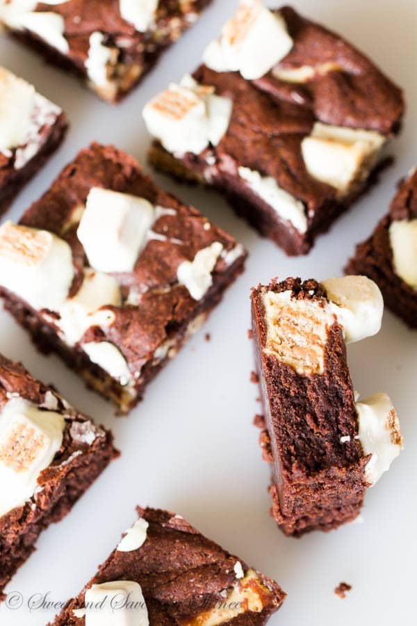 Extra fudgy, melt-in-your-mouth tender brownies dotted with white chocolate Kit-Kats are out of this world delicious. You might as well bake TWO!