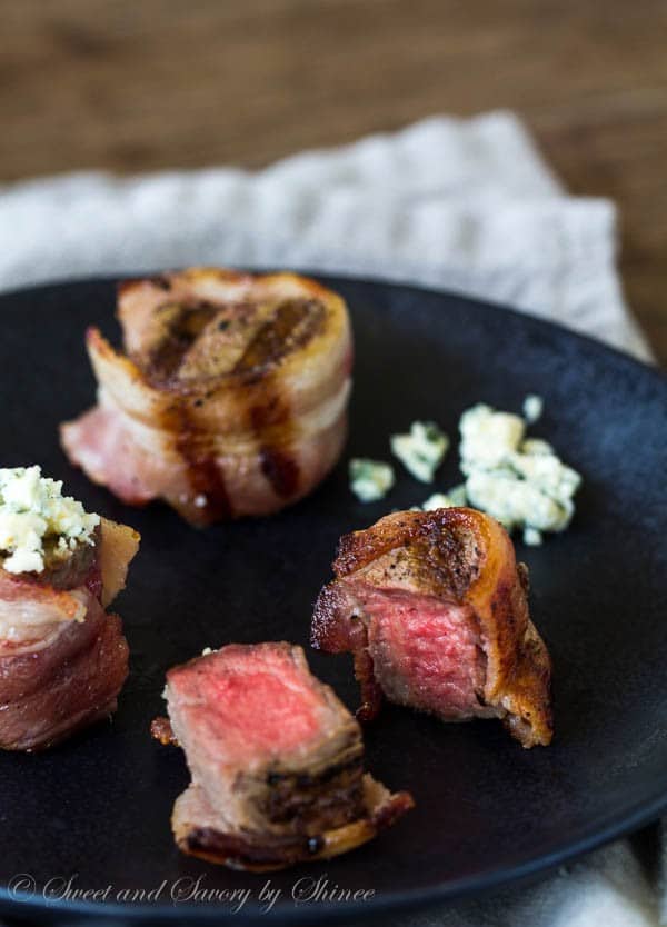 Wrapped in bacon and topped with blue cheese, these melt-in-your-mouth tender mini filet mignons are simply the best!!