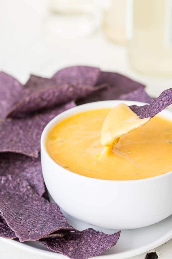 A chip being dipped into a bowl of spicy cheddar cheese dip.