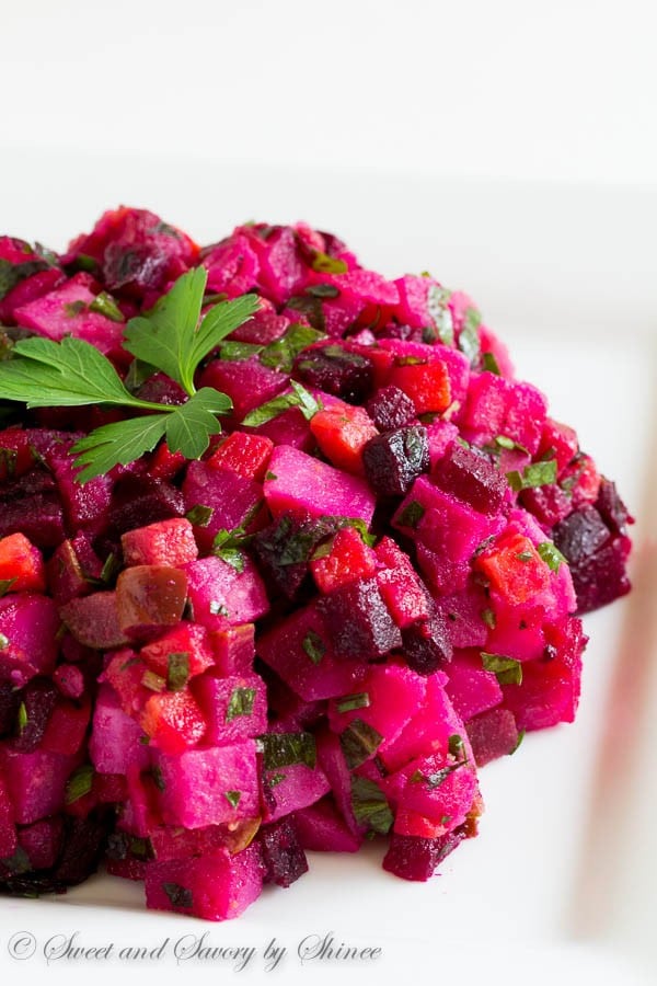 Classic Russian vinaigrette salad (Винегрет) with roasted beets, dressed in simple extra virgin olive oil. This vibrant root-vegeatble salad is a healthy comfort food, perfect all year round!