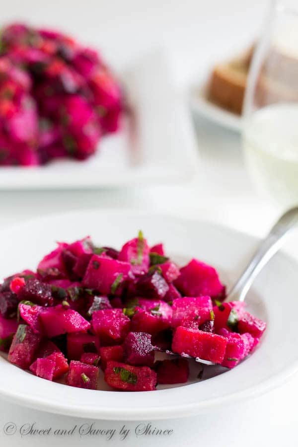 Classic Russian vinaigrette salad (Винегрет) with roasted beets, dressed in simple extra virgin olive oil. This vibrant root-vegeatble salad is a healthy comfort food, perfect all year round!