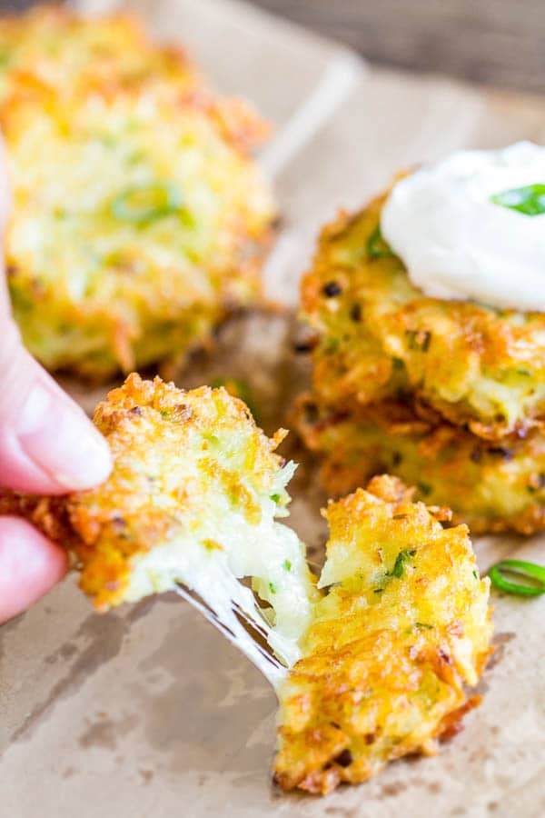 Delicately crispy crust + pillowy soft inside + ooey gooey cheese filling = DELICIOUS cheesy potato pancakes!