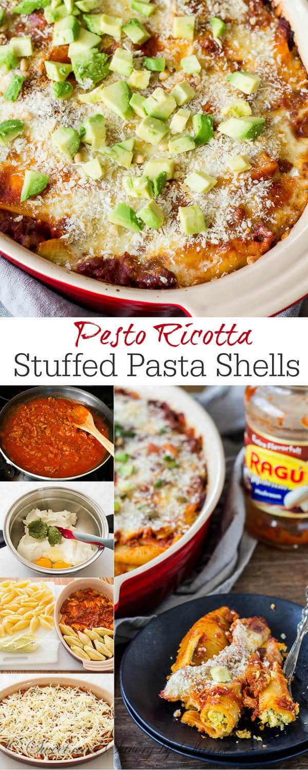 Filled with pesto ricotta filling, these jumbo stuffed shells are simmered in rich Ragu sauce and topped with crispy Panko and creamy avocado. Lots of flavor and lots of texture! A delicious way to bring your family together at the dinner table.