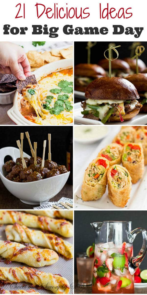 21 Delicious Ideas for Big Game Day- Everything from dips to meatballs and sliders, from sweets to pitcher drinks.