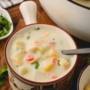A bowl of knoephla soup next to a pot of soup.