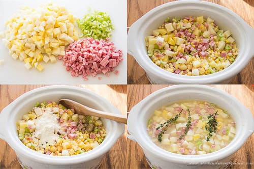 Slow Cooker Ham, Corn and Potato Soup- Step by step photo recipes