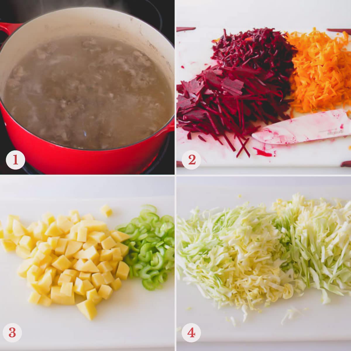 Step by step photo of making beef broth and prepped veggies.