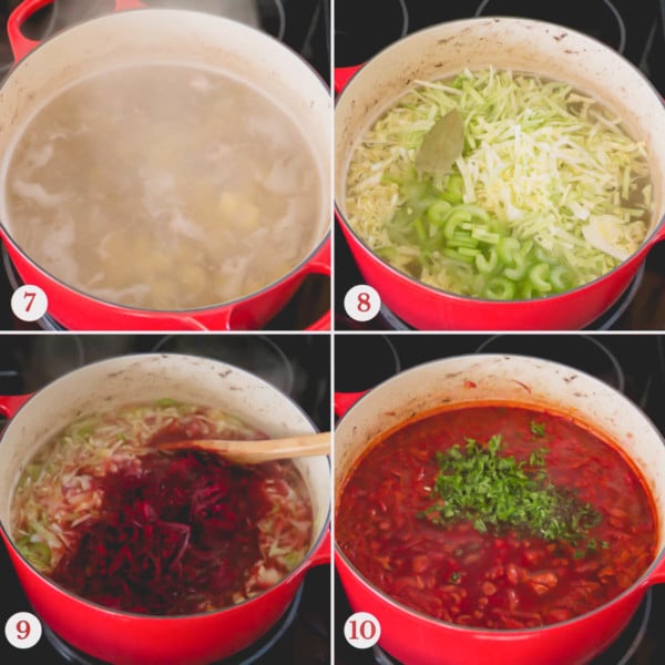 Step by step photo of making borscht soup.