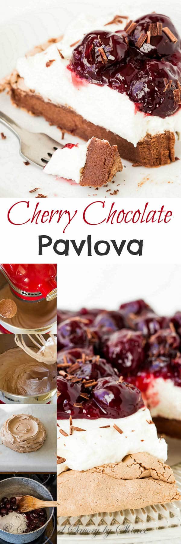 Melt-in-your-mouth light Chocolate Pavlova topped with indulgent sweet cherry sauce. Learn exactly how I make this show-stopper step by step.