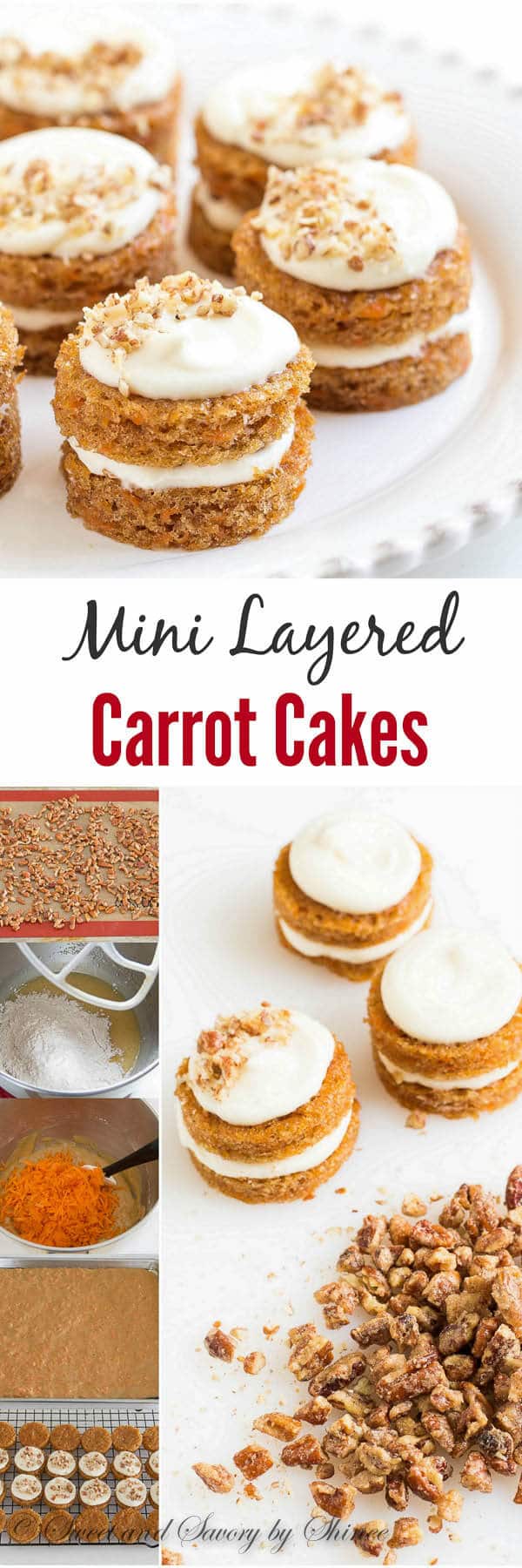 Adorable mini carrot cakes filled with classic cream cheese frosting and studded with crunchy candied pecans! It's the only way to eat carrot cake!