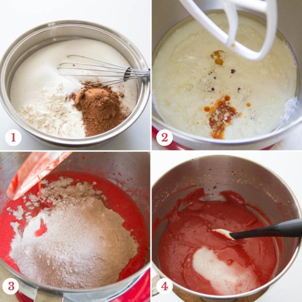 Step by step photos of making red velvet cake batter.