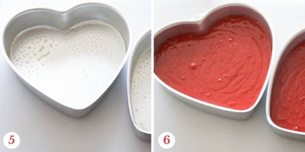Red velvet cake batter poured into 2 heart shaped cake pans.