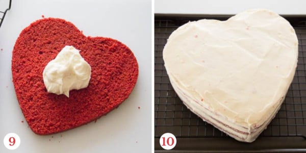 Step by step photos of assembling the red velvet cake.