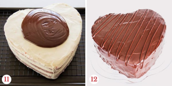 Step by step photos of covering the red velvet cake with ganache.