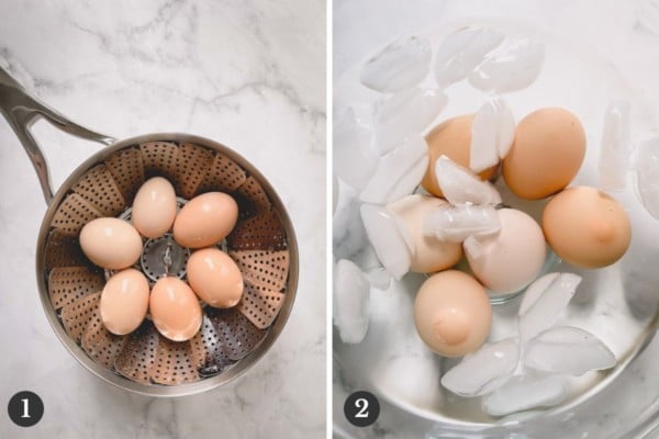 Side by side images of steaming eggs and eggs in an ice bath.