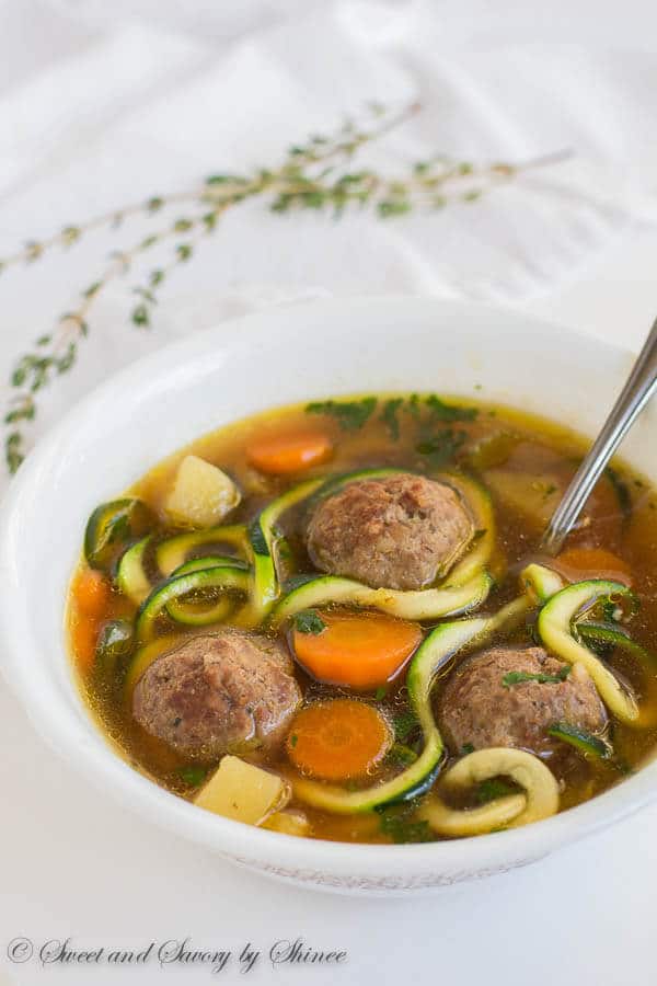 Loaded with vegetables and homemade meatballs, this light, yet hearty soup comes together in less than 45 minutes. Great weeknight and weekend dinner!