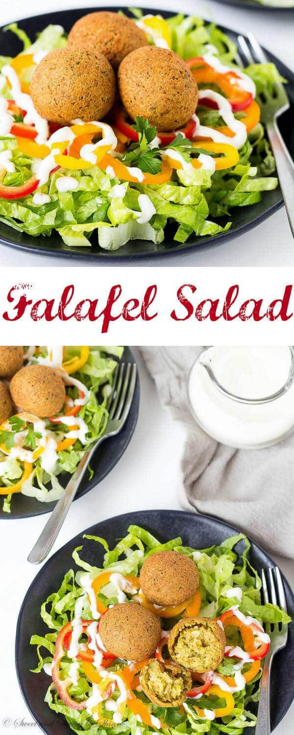 Simple satisfying salad, loaded with flavorful falafel balls and smothered with tangy Greek yogurt dressing. Customize yours with your favorite leafy greens and toppings. It's delicious summer lunch!