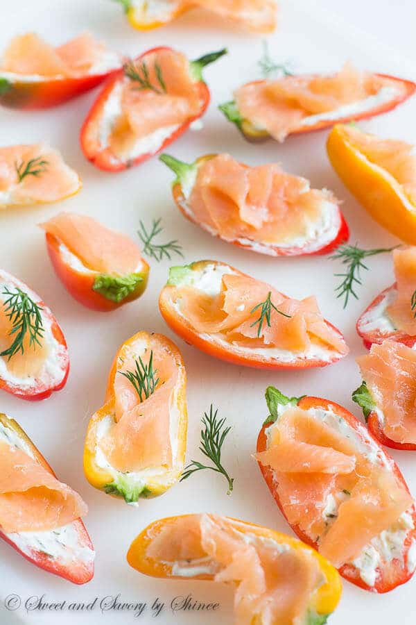 Irresistibly crunchy, creamy and smoky, these adorable smoked salmon stuffed sweet peppers are laughably simple to make and feeds a crowd. Perfect for spring bridal and baby showers!