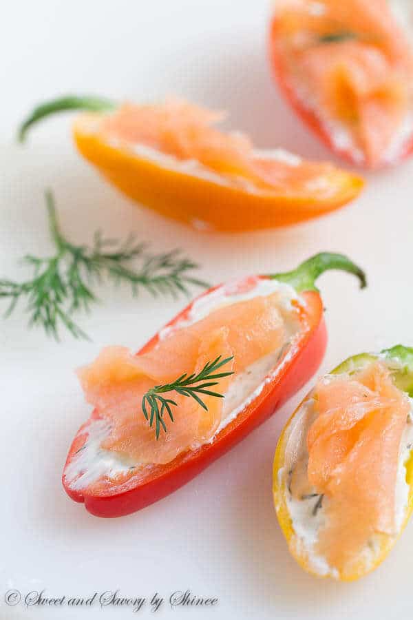 Irresistibly crunchy, creamy and smoky, these adorable smoked salmon stuffed sweet peppers are laughably simple to make and feeds a crowd. Perfect for spring bridal and baby showers!