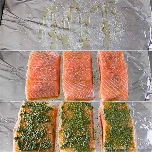 Fool-proof method for delicately tender and juicy baked salmon every time! You'll love melt-in-your-mouth buttery salmon layers infused with flavorful pesto sauce!