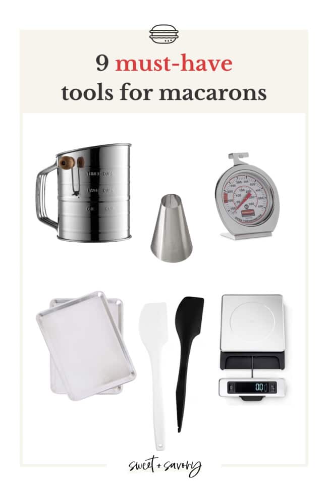 Collage of 6 tools for making macarons: sifter, round piping tip, oven thermometer, baking sheet, spatula and kitchen scale.