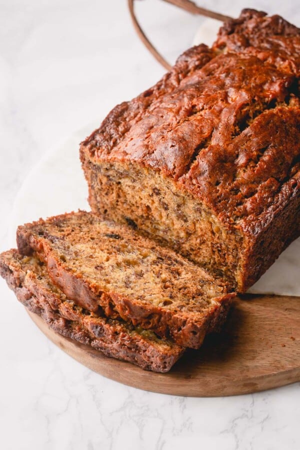 This is the simplest and moistest banana bread - easy to make and yields 2 breads! #bananabread